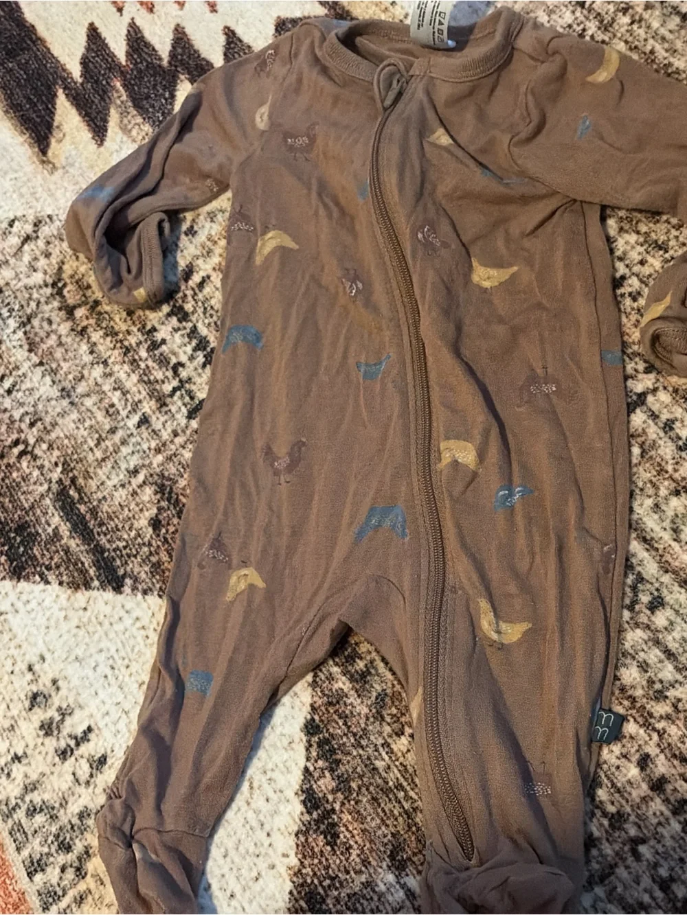 Kids Brown Footed Pajamas with Blue & Yellow chicken Print